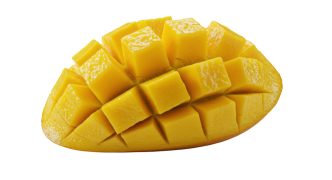 Vibrant yellow, ripe, inverted half-mango, scored with juicy flesh on minimalist white background, soft light, negative space, concept of natural goodness