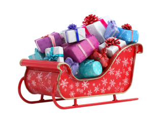 Festive red santa sleigh overflowing with colorful christmas presents and snowflakes isolated on transparent background