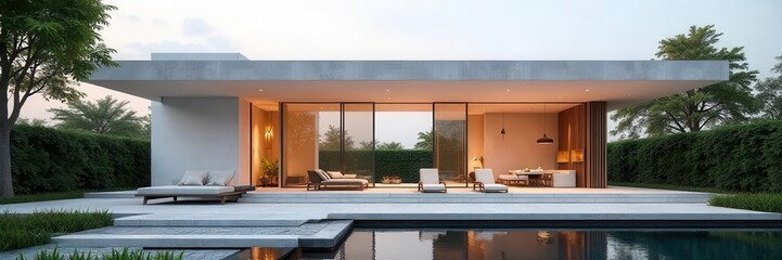 Modern minimalist house with a swimming pool and lounge chairs featuring a contemporary design