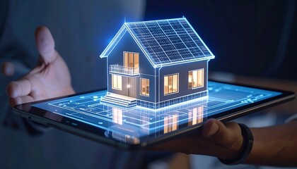 A digital architectural model of a house is displayed on a tablet held by a person, showcasing advanced technology