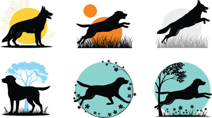 Dog silhouette vector set with German Shepherd, Labrador, Border Collie, running and standing poses, nature background, sunset, tree, and decorative design