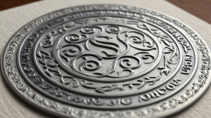 Close-up of an Ornate Metal Medallion With Letter S and Floral Design and an Inscription Around the Edge Showing Aged or Antique Appearance