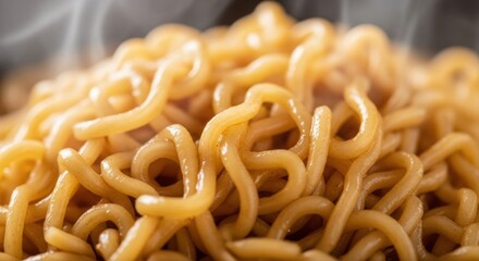 Steaming close-up of tasty cooked noodles with seasoning