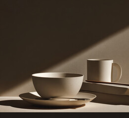 Minimal ceramic bowl, plate, and mug set on neutral surface with soft sunlight casting gentle shadows, creating calm and serene atmosphere in modern kitchen scene