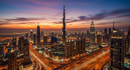 Obraz premium Stunning modern metropolis skyline at dusk with vibrant city lights and glowing traffic trails