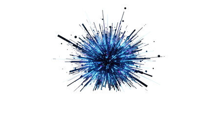 Dynamic burst of electric blue and purple light trails, energetic particles, abstract forms radiating on a reflective dark surface against a white studio background, concept of technological