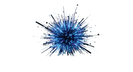 Dynamic burst of electric blue and purple light trails, energetic particles, abstract forms radiating on a reflective dark surface against a white studio background, concept of technological