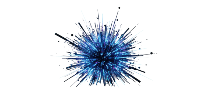 Dynamic burst of electric blue and purple light trails, energetic particles, abstract forms radiating on a reflective dark surface against a white studio background, concept of technological - Powered by Adobe