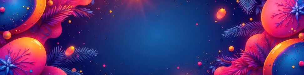 Vibrant abstract background with glowing spheres and lush tropical foliage in neon colors