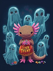 Halloween Ghosts and Cute Axolotl Trick or Treat in Vibrant Cartoon Style - Whimsical Fantasy Characters and Spooky Night Celebration with Playful, Family-Friendly Costumes and Joyful Atmosphere