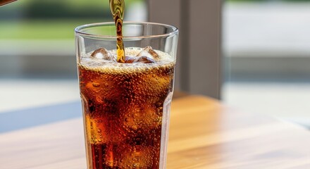Refreshing glass of cola with ice on wooden table by window