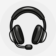 Black headphones with microphone on white background simple illustration style.