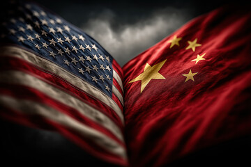 Drapeaux des États-Unis et de la Chine côte à côte, symboles de rivalité, de tensions politiques et économiques, concept géopolitique et relations internationales
