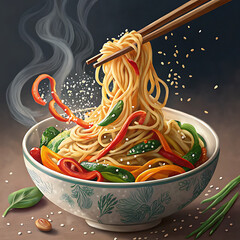 Tasty vegetable noodles being picked up with chopsticks, sesame falling, Ai Generated
