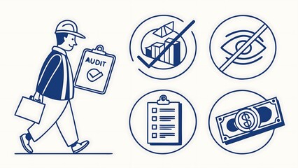 Illustrated Auditor Inspecting Financial Performance & Compliance Icons, Depicting Financial Audit and Compliance.                                    