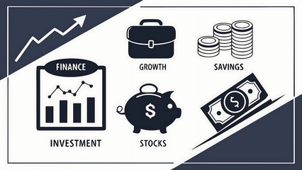 Finance and Investment Icons: Stylized Vector Illustration of Savings, Stocks, Growth, and Financial Planning Concepts for Adobe Stock.               