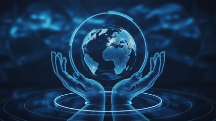 Hands holding digital earth globe, future technology concept