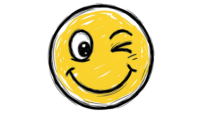 Hand-drawn emoticon, winking, smiling, cheerful expression.