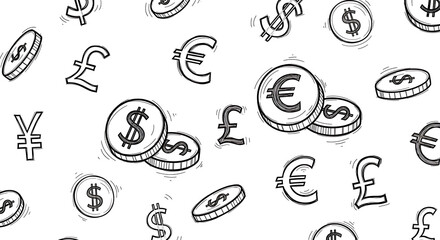 A hand-drawn, sketchy pattern of various world currency symbols and coins, including dollars, euros, pounds, and yen, scattered on a white background.