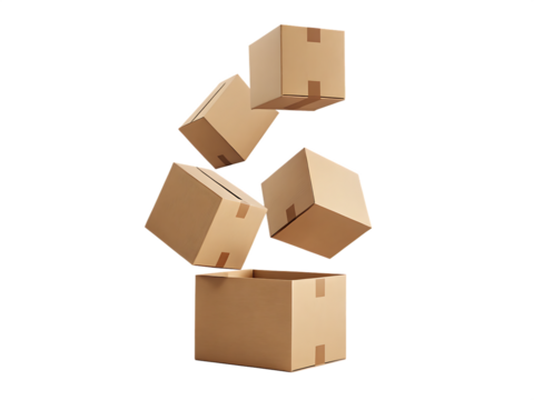 Falling cardboard boxes isolated on a transparent background - Powered by Adobe