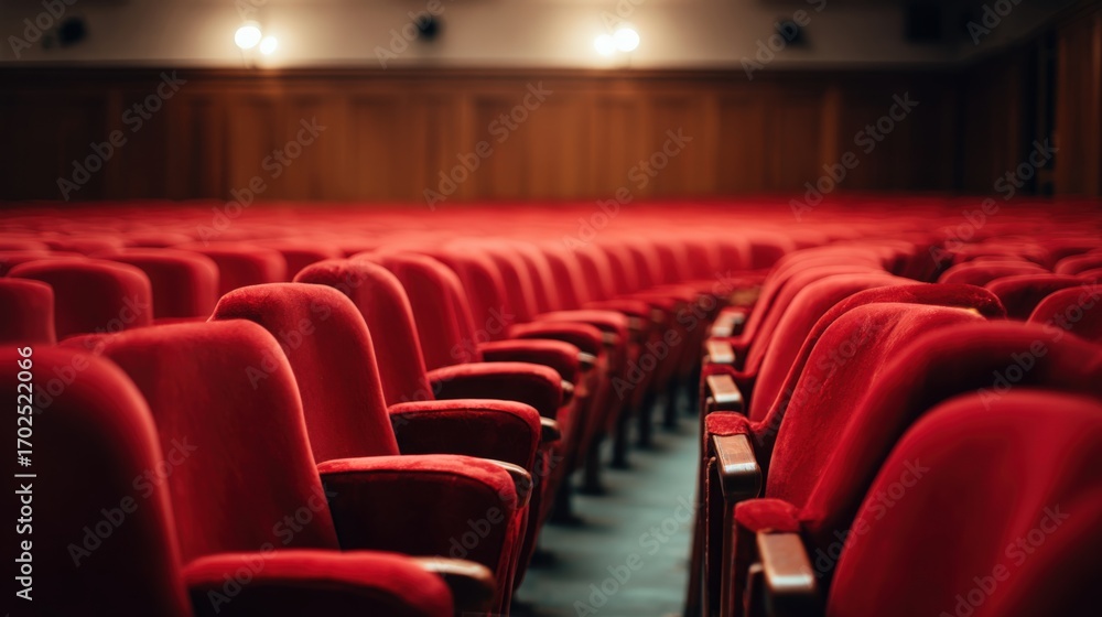 Poster empty theater with rows of plush red seats awaiting an audience for a performance