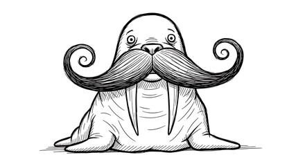 A whimsical illustration of a walrus with an exaggerated, curly mustache and tusks, presented in a black and white sketch style.