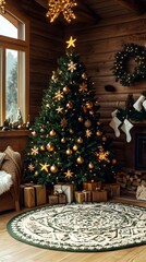 A large Christmas tree with gold ornaments sits in a room