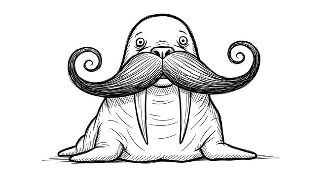 A whimsical illustration of a walrus with an exaggerated, curly mustache and tusks, presented in a black and white sketch style.