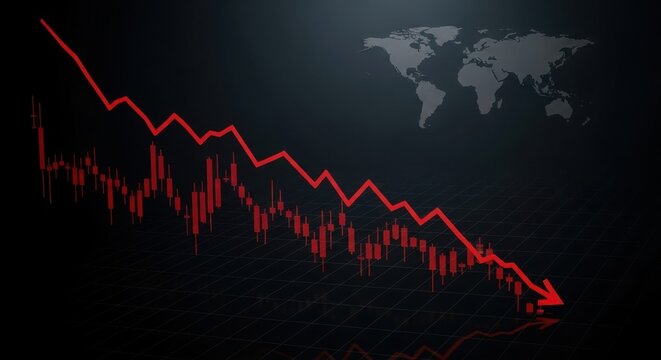 Stock market crash with red arrow and world map background