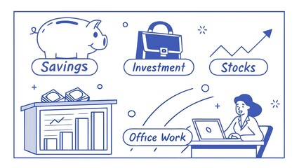Monochrome Illustration of Financial Planning and Business, Savings, Investment, Stocks, and Office Work in Blue.                                     