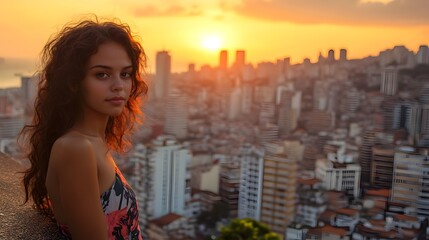 A woman with long hair is standing on a ledge in front of a city