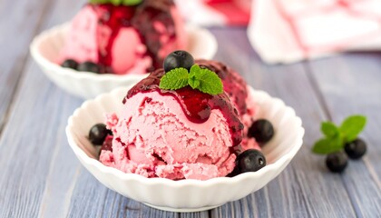 Pink ice cream scoops drizzled with blueberry sauce, garnished with berries and mint leaves, on white bowls