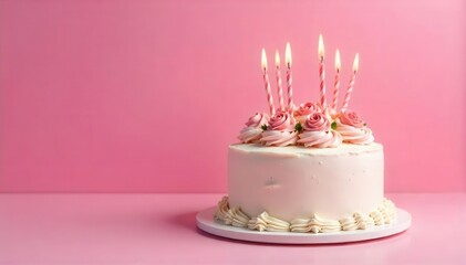 White frosted birthday cake with lit pink striped candles and rose frosting details on a pink background