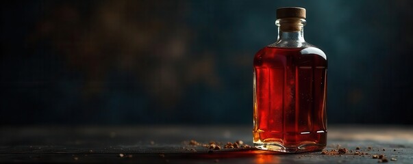 A clear glass bottle filled with amber liquid cork stopper on a dark surface