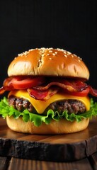 Juicy bacon cheeseburger with fresh lettuce and tomato on a sesame seed bun