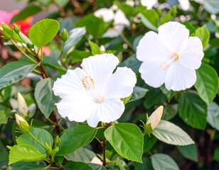 Close-up of two white hibiscus flowers