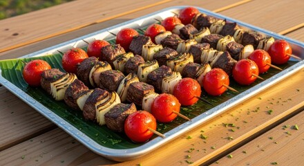 Delicious grilled beef and vegetable skewers on a serving tray outdoors
