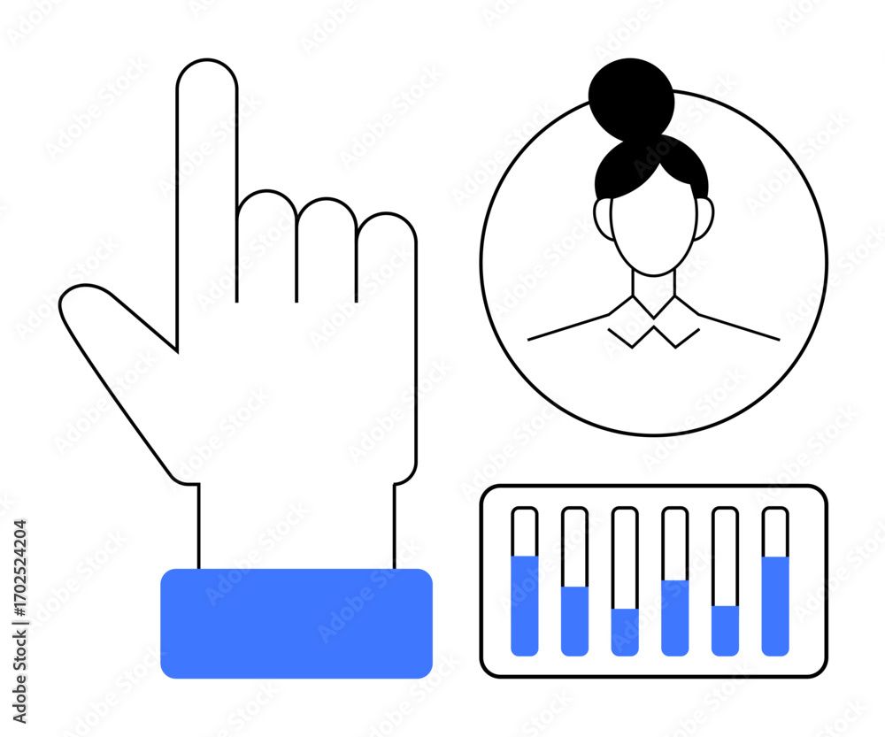 Poster hand gesture pointing upwards, female avatar within circular frame, bar chart with progress indicato