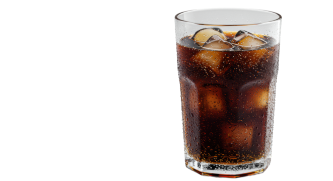 Elegant highball glass with dark effervescent beverage, translucent ice, abundant condensation on a transparent studio background with copy space, concept of ultimate refreshment