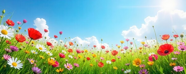 Vibrant wildflowers bloom in a sunlit green meadow beneath a clear blue sky with fluffy white clouds