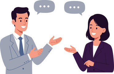 Businessman and businesswoman smiling while talking, professional communication, office discussion, teamwork collaboration, positive interaction, 