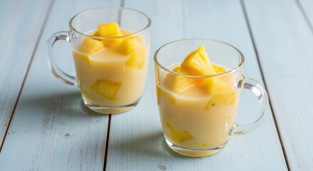 Tropical pineapple smoothie in glass mugs on light wooden surface