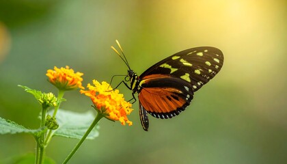 A butterfly with orange and black wings sits on bright orange flowers, the background blurred green with sunlight