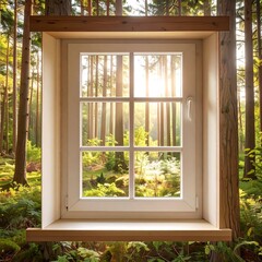Obraz premium Window overlooking a sunlit forest