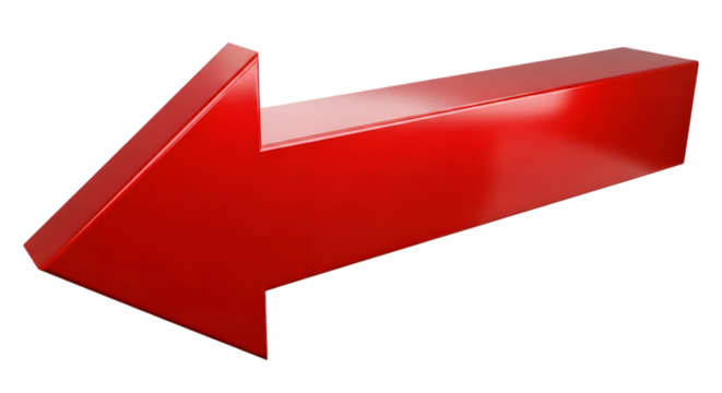 A shiny red arrow pointing to the left, isolated on transparent background