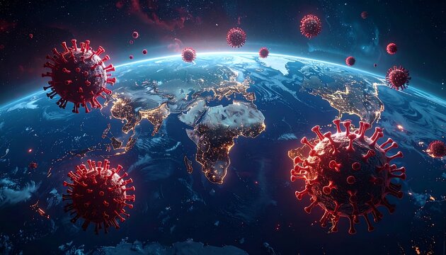 A digital art piece showing Earth at night, encircled by stylized red virus particles floating in a dark atmosphere