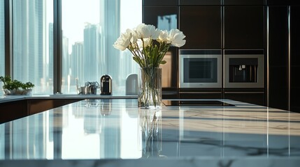 Modern City Kitchen with White Flowers