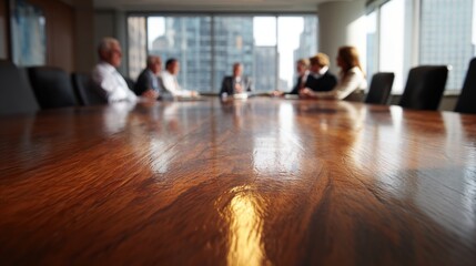 Blurred Business Meeting: Diverse Team Collaboration Around Conference Table in Modern Office with City View