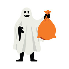 A happy ghost in a white sheet costume holding an orange trick-or-treat bag, ready for Halloween.