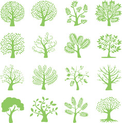 16 stylized tree icons vector pack ai eps jpeg png minimalistic green tree silhouettes for design and educational use